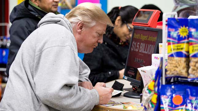 Image for article titled Corner Store Customers Saddened By Sight Of Frantic Trump Doing Scratch-Off Tickets Right On Counter
