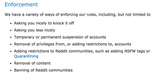 A possible consequences of breaking content policy rules, according to Reddit.