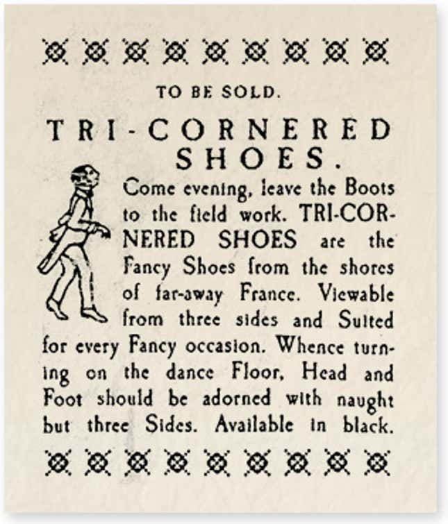 Image for article titled Historical Archives: To Be Sold - Tri-Cornered Shoes