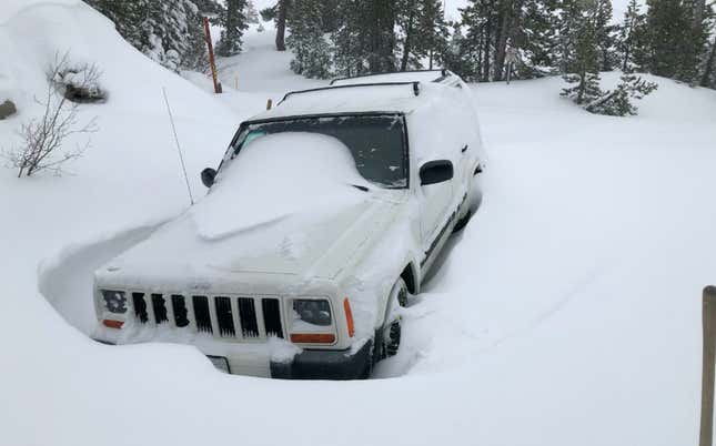 Image for article titled A Tesla Engineer's Jeep Ended Up Under 10 Feet of Snow for Months and It's Still There