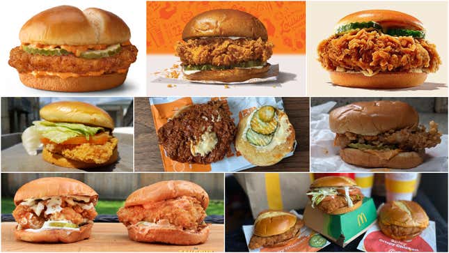 Grid of Popeyes Chicken Sandwich, Burger King Ch'King, McDonald's Crispy Chicken, and more