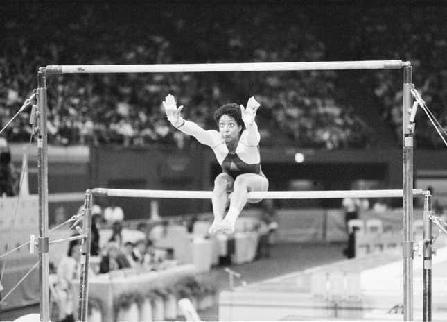 Dianne Durham of Gary, Ind., eyes the uneven parallel bars as she starts her routine in the women’s individual finals of the McDonald’s International Gymnastic Championships in Los Angeles, Aug. 29, 1983. Durham won the silver medal in the event but had to withdraw from two other events because of an earlier injury. Durham had previously won the all-around competition Saturday at the Championships. 