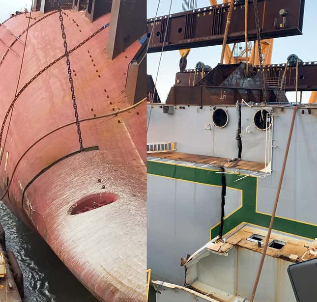 Image for article titled A Chain Just Cut Through A Capsized Cargo Ship Filled With Cars And The Process Is Fascinating (UPDATE W/VIDEO)