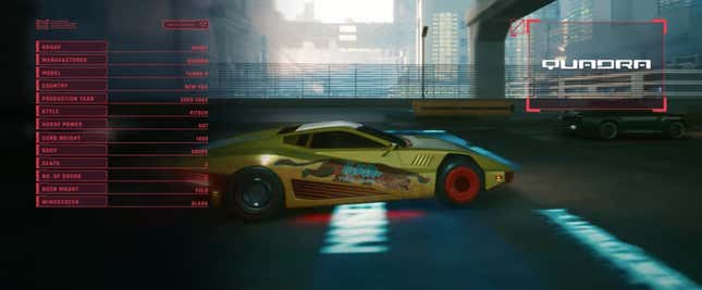 Imagen para el artículo titulado Cyberpunk 2077 tiene algunos diseños de autos realmente alucinantes