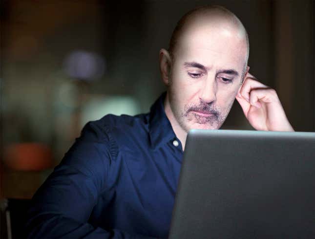 Image for article titled Depressed Matt Lauer Up All Night Rewatching 8-Second Clip Of Career Highlights