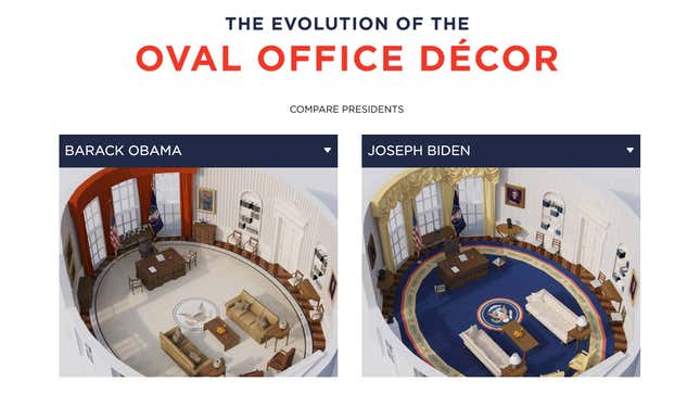 A screenshot comparing3D renderings the Oval Offices of Barack Obama and Joe Biden