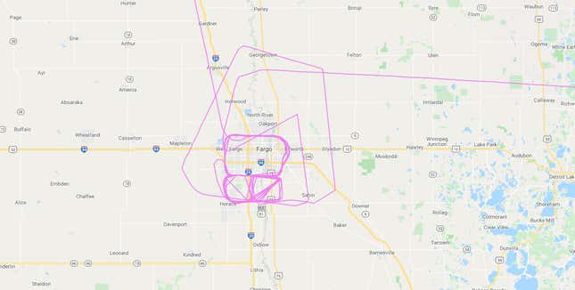 CBP104 flying over Fargo on April 30th. Data courtesy of RadarBox.com