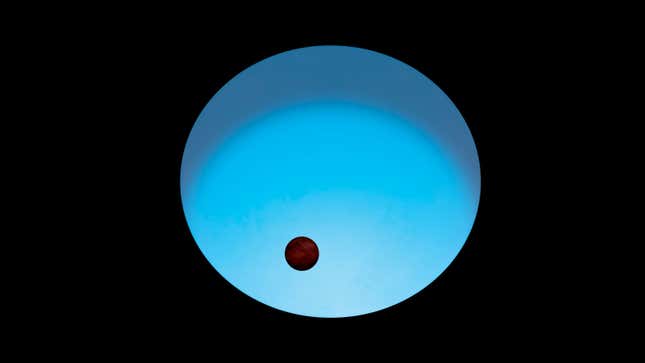 Impresión artística del exoplaneta WASP-189b orbitando su estrella anfitriona, que brilla en azul.