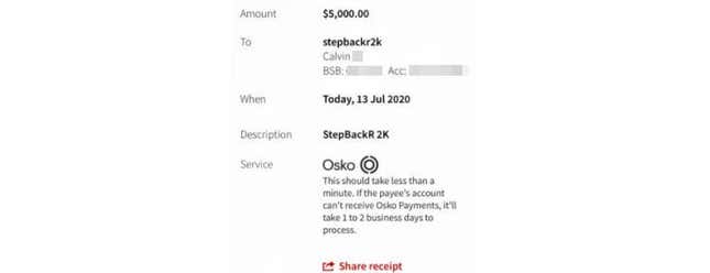 A receipt shows the 20-year-old victim transferred $5,000 to Calvin, expecting that Rack would reimburse them with an additional $2,500 return.