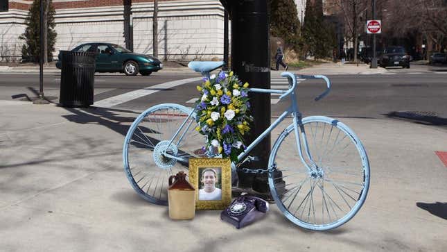 Image for article titled Confusing Roadside Memorial Features Bicycle, Rotary Telephone, Jug Of Some Kind