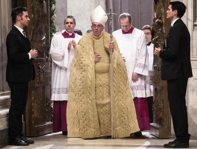 Image for article titled Pope Francis Wearing Sweater Vestments He Got For Christmas