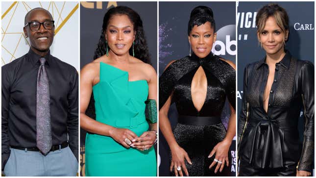 Don Cheadle at the Showtime Emmy Eve Nominees Celebrations on September 21, 2019 in West Hollywood, California; Angela Bassett attends the 51st NAACP Image Awards on February 22, 2020 in Pasadena, California; Regina King at the 2019 American Music Awards on November 24, 2019 in Los Angeles, California; Halle Berry celebrates the premiere of “John Wick: Chapter 3 - Parabellum” on May 15, 2019 in Los Angeles, California.