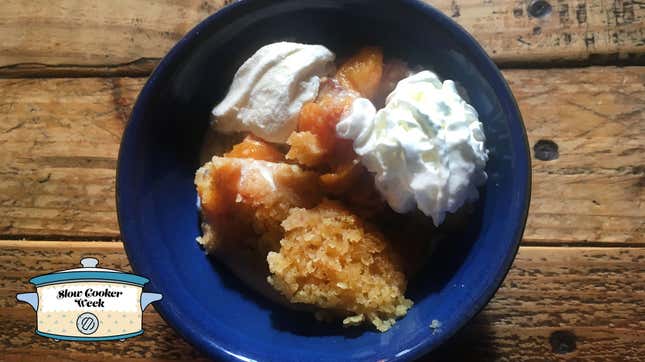 Image for article titled Make bourbon peach cobbler in a Crock Pot because peaches + booze + slow cooker = dessert