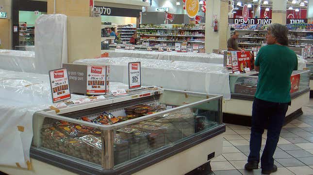 A Kosher supermarket at Passover, with everything bread-like hidden away