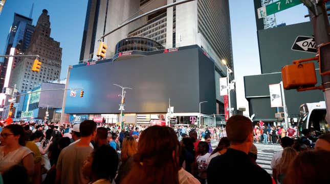 Darkened screens in Times Square on July 13, 2019.