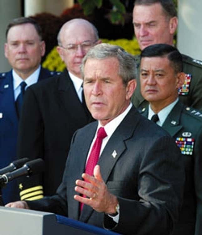 President Bush speaks to reporters about the growing crisis with North Korea, vowing to overthrow Saddam Hussein.