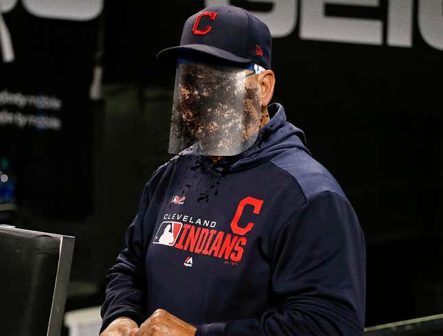 Image for article titled Terry Francona’s Face Shield Splattered With Chew Spit