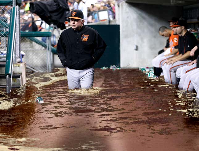 Image for article titled Clogged Drain Causes Orioles’ Dugout To Overflow With Chewing Tobacco Spit