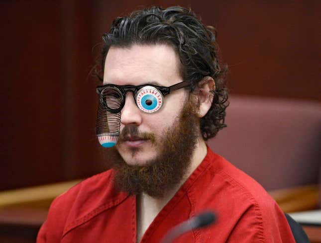 Image for article titled James Holmes Shows Up To Court Wearing Glasses With Eyeballs Dangling Out On Springs