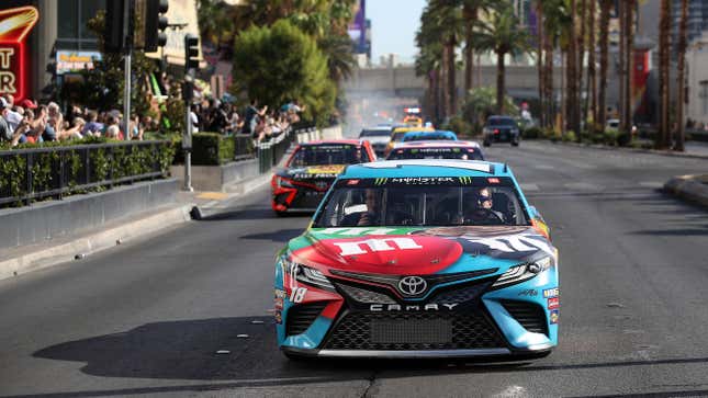 NACAR Cup Series drivers at “Burnout Boulevard” during a 2019 fan event in Las Vegas.