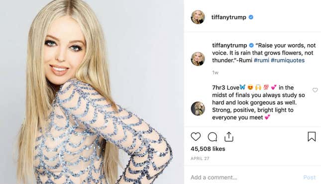 Image for article titled Did Tiffany Trump Post a Fake Rumi Quote on Instagram? Jezebel Investigates