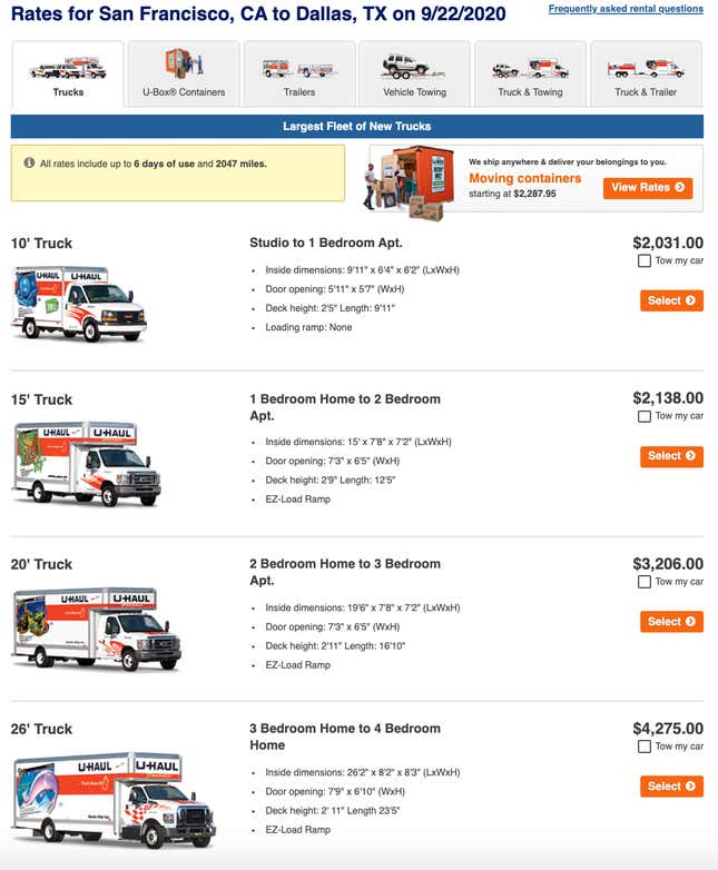 Image for article titled Moving Truck Prices In LA And San Francisco Are Skyrocketing Due To Demand