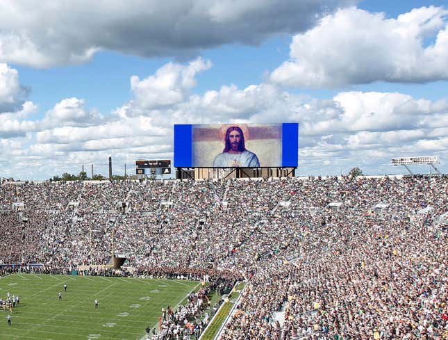 Image for article titled Notre Dame Replaces ‘Word Of Life’ Mural With Massive HD Monitor Displaying Christ