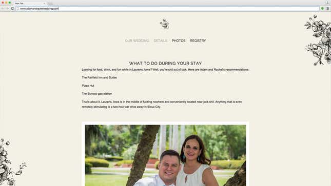 Image for article titled Honest Wedding Website Admits There Jack Shit For Guests To Do While In Town