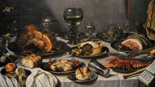 Painting of a table full of food, including meat pie, lobster, and crab