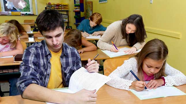 Small children and teenagers alike take the new comprehensive exam, which is now the entirety of the American educational system.