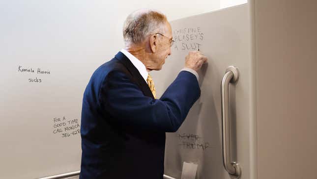 Image for article titled Chuck Grassley Scratches ‘Christine Blasey’s A Slut’ Into Senate Bathroom Stall