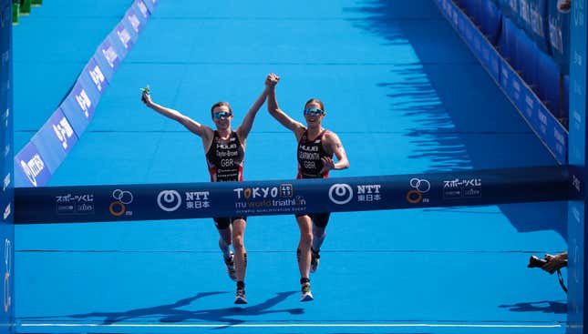 Image for article titled Winning Triathletes DQ&#39;d From Olympic Test Event For Crossing Finish Line Hand-In-Hand