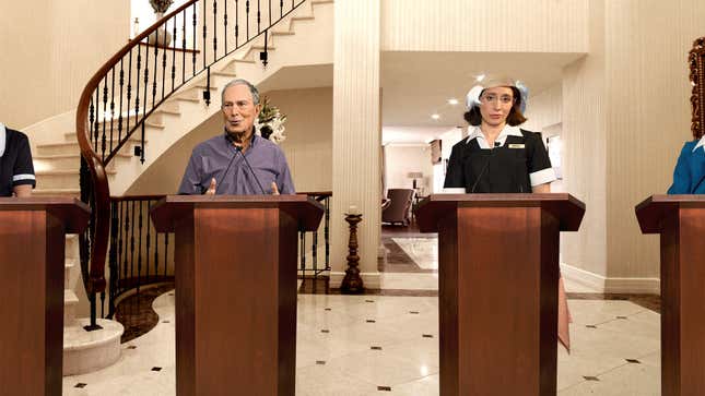 Image for article titled Bloomberg Housekeepers Brace For Another Day Of Dressing Up Like DNC Candidates And Letting Boss Beat Them In Debate