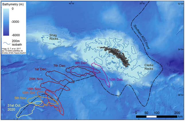 Map showing the iceberg’s journey from October 31, 2020 to December 13, 2020.