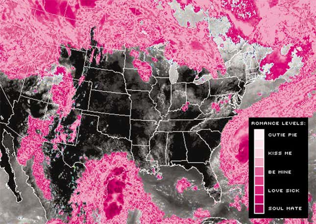 A computer-enhanced image of the high concentrations of romance in the atmosphere over North America.