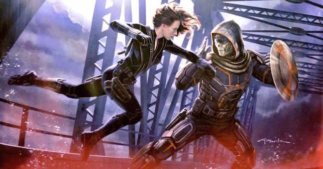 Black Widow, luchando contra Taskmaster en una imagen conceptual de la película Black Widow.