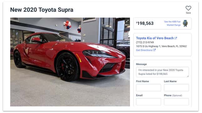 Image for article titled Dealership That Had 2020 Toyota Supra Marked Up To Nearly $200,000 Sells It For $100,000