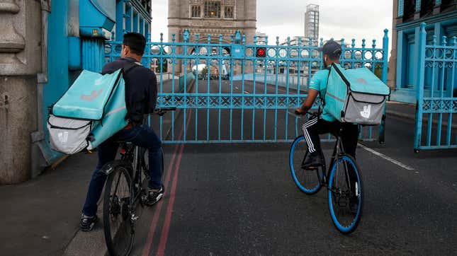 File photo of Deliveroo riders stuck on Tower Bridge in London, England.
