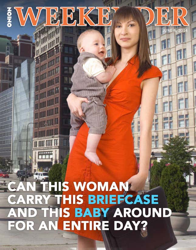 Image for article titled Can This Woman Carry Around This Briefcase And This Baby For An Entire Day?