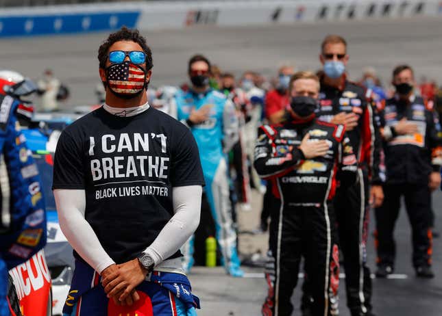 Bubba Wallace, driver of the #43 McDonald’s Chevrolet, wears a “I Can’t Breath - Black Lives Matter” T-shirt under his fire suit in solidarity with protesters around the world taking to the streets after the death of George Floyd on May 25 while in the custody of Minneapolis, Minnesota police.