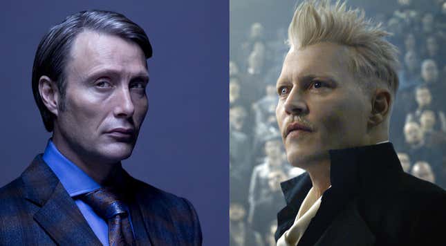 A la izquierda: Mads Mikkelsen en Hannibal. A la derecha: Johnny Depp en Fantastic Beasts.