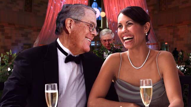 David Koch charms a beautiful socialite with flirtatious banter, while brother Charles awaits his cue to step in and astound her with his knowledge of free enterprise. 