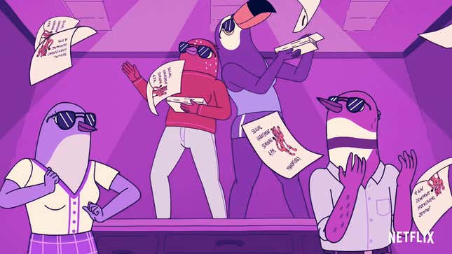 Tuca and Bertie making it rain fliers for sexual harassment training.