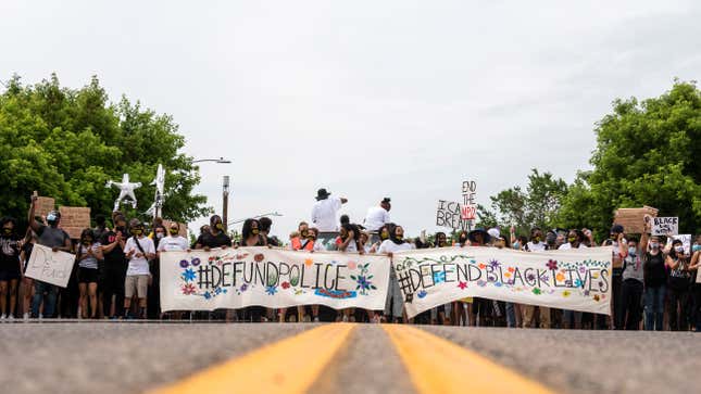 Demonstrators calling to defund the Minneapolis Police Department march on University Avenue on June 6, 2020 in Minneapolis, Minnesota.