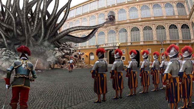 Image for article titled Swiss Guard Charge Writhing Mass Of Black Tentacles Devouring Pope Francis