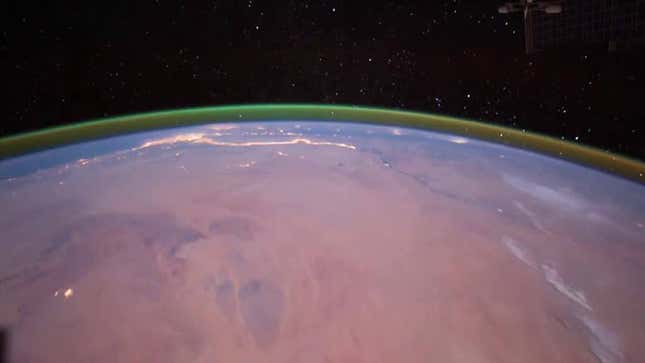 Green airglow in Earth’s atmosphere, as seen from the ISS in 2011.