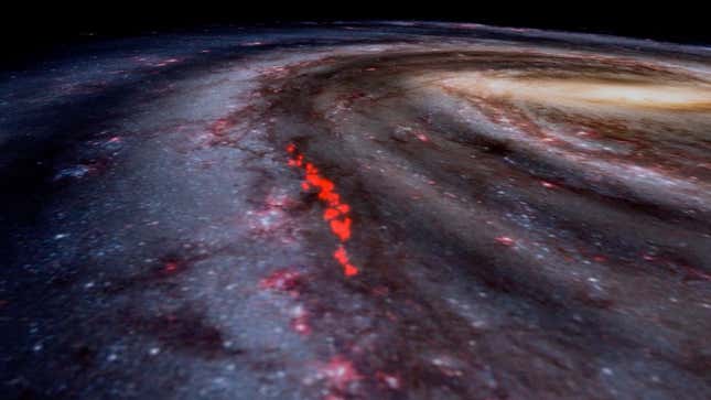 The Radcliffe Wave (in red) superimposed onto an artist’s representation of the Milky Way