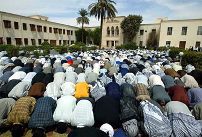 In a chilling scene, thousands of Arabs bow toward Mecca in praise of Allah.