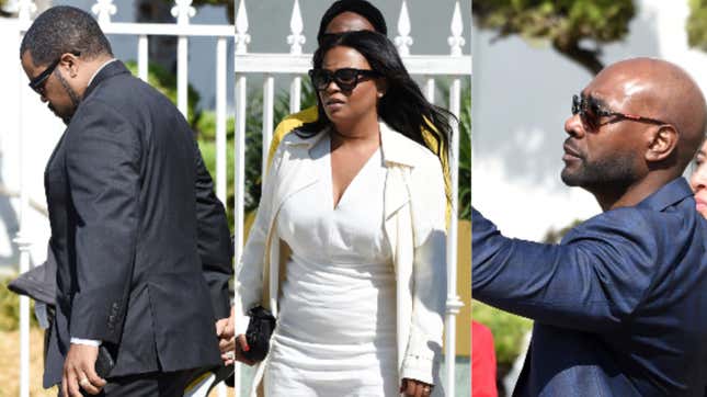 (L-R):  Ice Cube, Nia Long, and Morris Chestnut, all cast members in director John Singleton’s 1991 debut film Boyz n the Hood,  arrived at a memorial service for Singleton at Angelus Funeral Home, Monday, May 6, 2019, in Los Angeles.