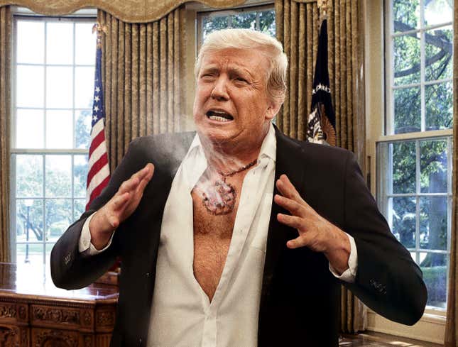 Image for article titled Medal Of Honor Imprint Burned Into Donald Trump’s Chest After Curious President Places It Around Own Neck